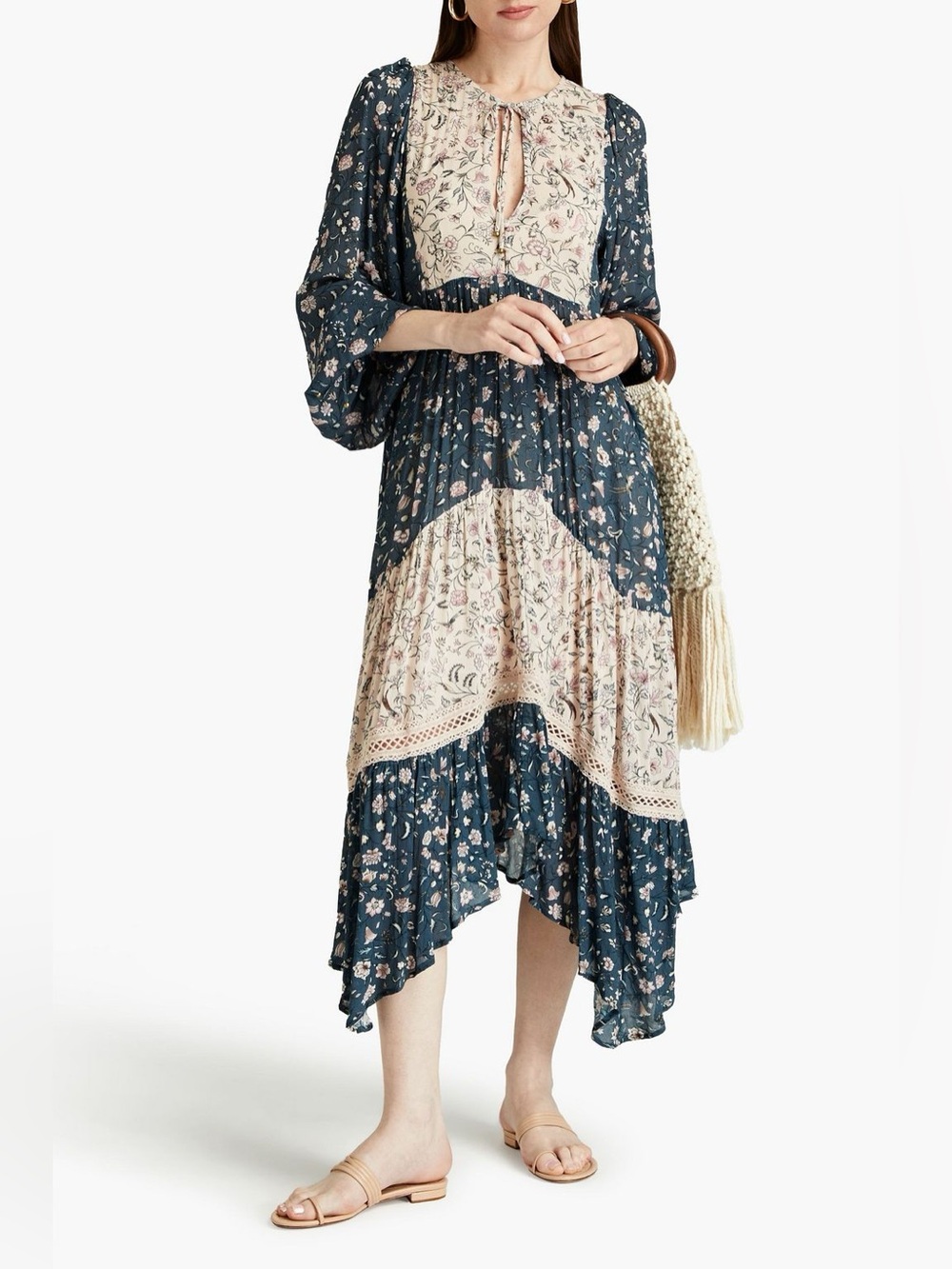 New! Tigerlily Livana Gracia Gathered Floral Navy Patchwork Midi Dress 💙 XS - Picture 2 of 5